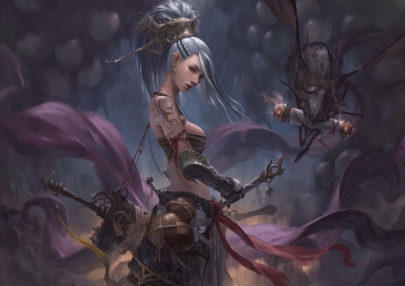 Warrior girl - sword, purple, katana, girl, blue, art, warrior, fantasy, chin likhui, luminos