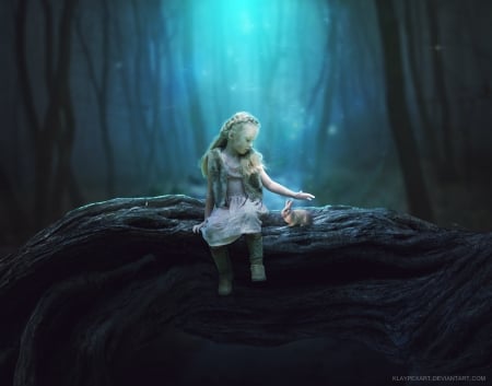 My rabbit - forest, child, copil, klaypexart, girl, blue, rabbit, fantasy, creatice, little, bunny