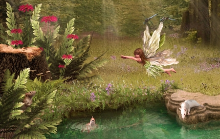 Learning to fly - summer, copil, flower, forest, girl, fantasy, mouse, fairy, child, water, blue, needcaffine, lake, creative, dragonfly, fish, mini, luminos, vara, green