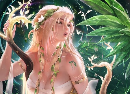 Zodiac ~ Virgo - girl, sakimichan, virgo, fantasy, green, fairy, zodiac, art, luminos