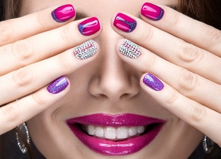 Beauty - lips, smile, hand, woman, nails, model, girl, pink