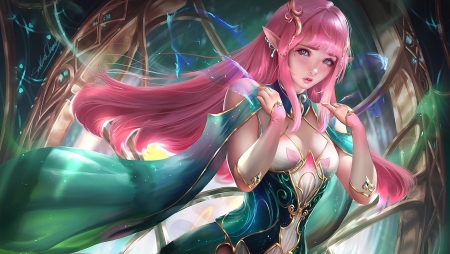 Elf princess - digital, pretty, pink, beautiful, elf, sakimichan, girl, art, long hair, fantasy, princess, luminos, woman, green