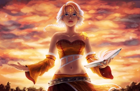 The spell - witch, sorceress, fantasy, book, wawa711, girl, orange, luminos