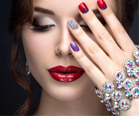 Beauty - woman, face, girl, lips, hand, jewel, nails, model