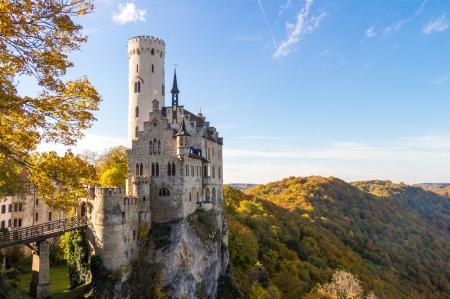 Castle Liechtenstein at Fall - hills, landscape, colors, tower, germany