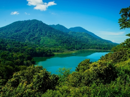 Lake Between the Wooded Hills on Bali - trees, nature, lake, forest, hillls, mountain, sky