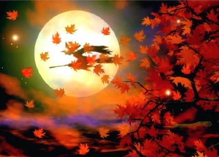 Halloween Witch Flight - attractions in dreams, paintings, digital art, colors, fall season, leaves, witch, moons, fantasy, autumn, halloween, love four seasons