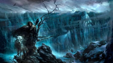 Jon Snow and Ghost - game of thrones, jon snow, fantasy, ghost, blue, wolf, man, art