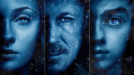 Game of Thrones (TV Series 2011– ) - game of thrones, poster, Maisie Williams, blue, Sophie Turner, collage, eye, man, tv sereis, Aidan Gillen, sansa stark, princess, petyr baelish, girl, black, fantasy, arya stark