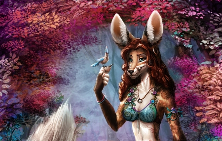 Karadineh - flower, forest, karadineh, pink, bird, bjpentecost, fox, blue, creature, fantasy, psare, luminos, autumn