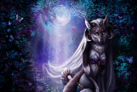 Naira - moon, bjpentecost, blue, wolf, night, forest, horns, creature, fantasy, purple, naira, butterfly, luminos, luna