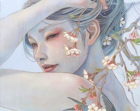 Spring - draw, blue, blossom, girl, flower, pink, mihohirano, fantasy, chalk, art, asian, luminos