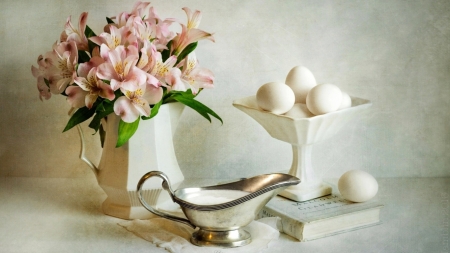 Still Life - eggs, flowers, vase, still life