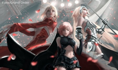 Fantasy girls - saber, art, luminos, red, wlop, black, fantasy, jeanne darc