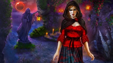 Halloween Night - pretty, beautiful, girl, night, lantern, red moon, fantasy, digital, woman, halloween, nice, art, statue