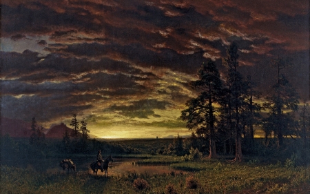 Evening on the prairie - prairie, albert bierstadt, evening, horse, pictura, cowboy, painting, cloud, art, sky