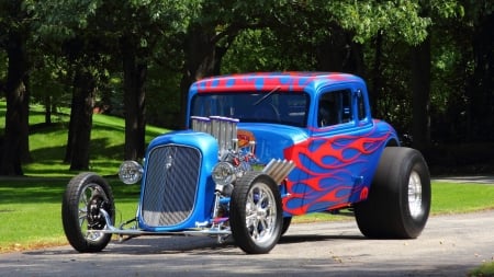 1934-Plymouth-Coupe-Hot-Rod - Chrome, Flames, Blue, Classic