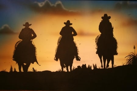 riding into the sunset - prairie, sunset, cowboy, horse