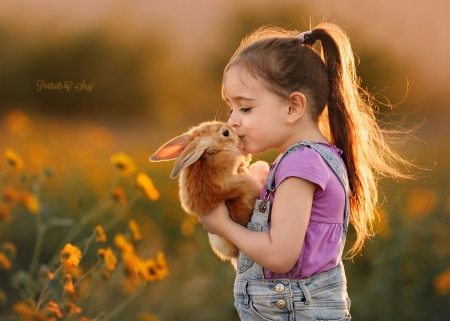 Sweet kiss - girl, child, summer, copil, bunny, rabbit, kiss, rodent, pink, animal, orange, sweet, cute, flower