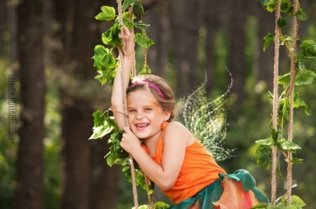 Little fairy - girl, elena konstantinova, copil, child, swing, green, wings, fairy, little