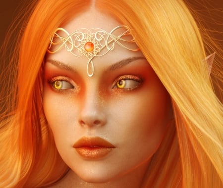 Lady of the Sun - drakenborg, eyes, jewel, orange, lady of the sun, cg, fantasy, face, luminos