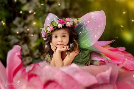 Little fairy - flower, creative, pink, copil, child, wreath, green, wings, fairy, cute