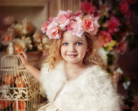 Little beauty - girl, wreath, child, copil, rose, white, cage, pink, flower, little