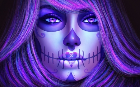 Catrina - girl, heart, eyes, magicnaanavi, fantasy, face, halloween, purple, pink, luminos, blue, dia de los muertos, catrina