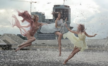 Dancing - trio, woman, dancer, girl, feather, model, dress