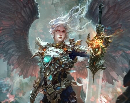 Archangel Uriel - wings, uriel, archangel, fantasy, armor, luminos, man, blue, sword, antilous