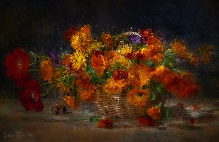 Autumn flowers - flower, orange, basket, pictura, autumn, red, painting, art, luminos