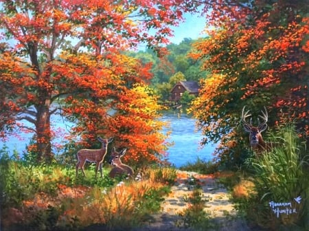 Family Ties - trees, attractions in dreams, rivers, paintings, colors, fall season, nature, autumn, deer, cabins, love four seasons