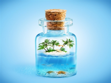 Tropical Island - holiday, bottle, plan trees, underwater