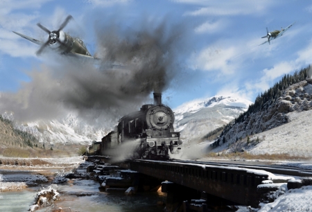 Attack on a Train - military, aircraft, smoke, fighter, ww2, train, steam, war