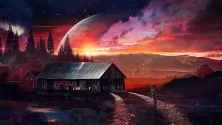 Fantasy - fantasy, planet, barn, night, orange, stars, man, sky