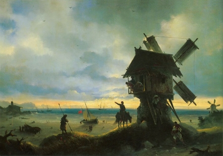 Windmill on the seashore - pictura, painting, ivan aivazovsky, art, windmill, luminos, seashore