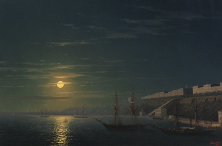 Moonlight - moon, sky, summer, ivan aivazovsky, painting, art, ship, luminos, seashore, pictura, luna, sea, boat