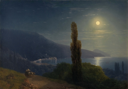 Moonlight - moon, water, summer, crimeea coast, sea, night, ivan aivazovsky, pictura, painting, art, luminos, luna