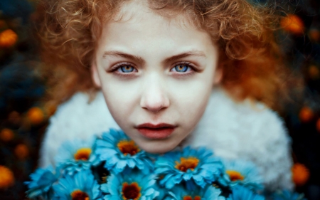 Beauty - woman, face, redhead, girl, blue, orange, model, flower