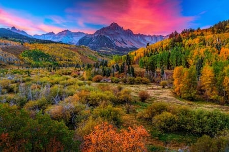 Autumn in mountains - fall, trees, hills, beautiful, autumn, colors, mountain, sky