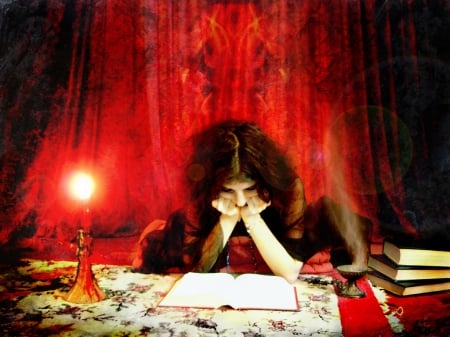 Studying Magical Spells - witch, candle, book, red