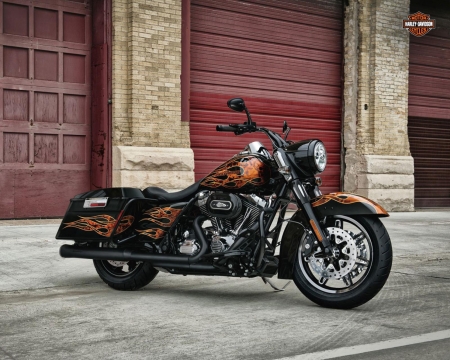 Harley Road King - hd, black, flames, bike