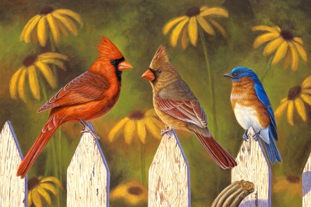 Autumn Birds - autumn, fence, animals, love four seasons, paintings, colors, flowers, fall season, birds