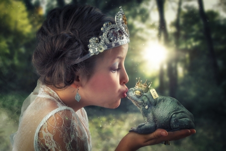 Kissing a fake frog king - tiara, girl, john wilhelm, creative, copil, child, fantasy, king, hand, kiss, fake, frog