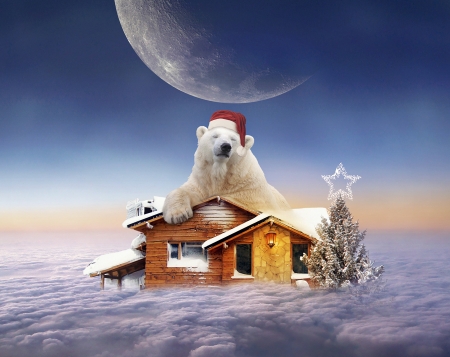 Merry Christmas! - moon, craciun, hat, polar bear, winter, creative, fantasy, christmas, white, santa, luminos, snow, animal, house, luna, planet