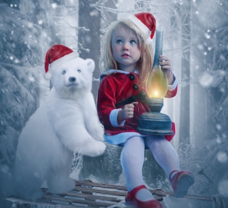 Christmas charm - jugatatinhas, cub, hat, white, santa, lantern, cute, craciun, girl, light, winter, polar bear, child, copil, christmas, red, blue