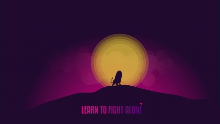 Learn to fight alone - moon, silhouette, lion, night, quote, purple, yellow, pink, card, luna