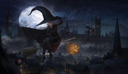 Halloween night - hat, moon, girl, night, pumpkin, yagaminoue, witch, black, fantasy, halloween, luminos, luna