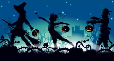 Happy Halloween! - silhouette, pumpkin, wings, night, black, fantasy, white, halloween, blue, fairy