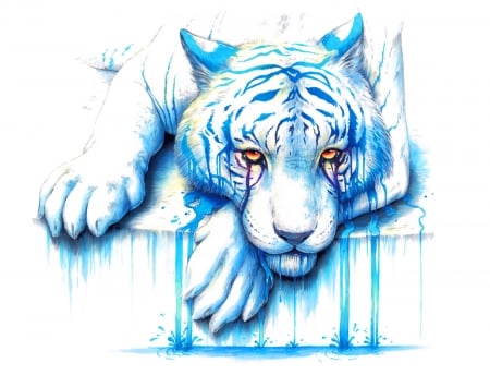 Fantasy tiger - white, paw, luminos, blue, jojoesart, fantasy, tiger